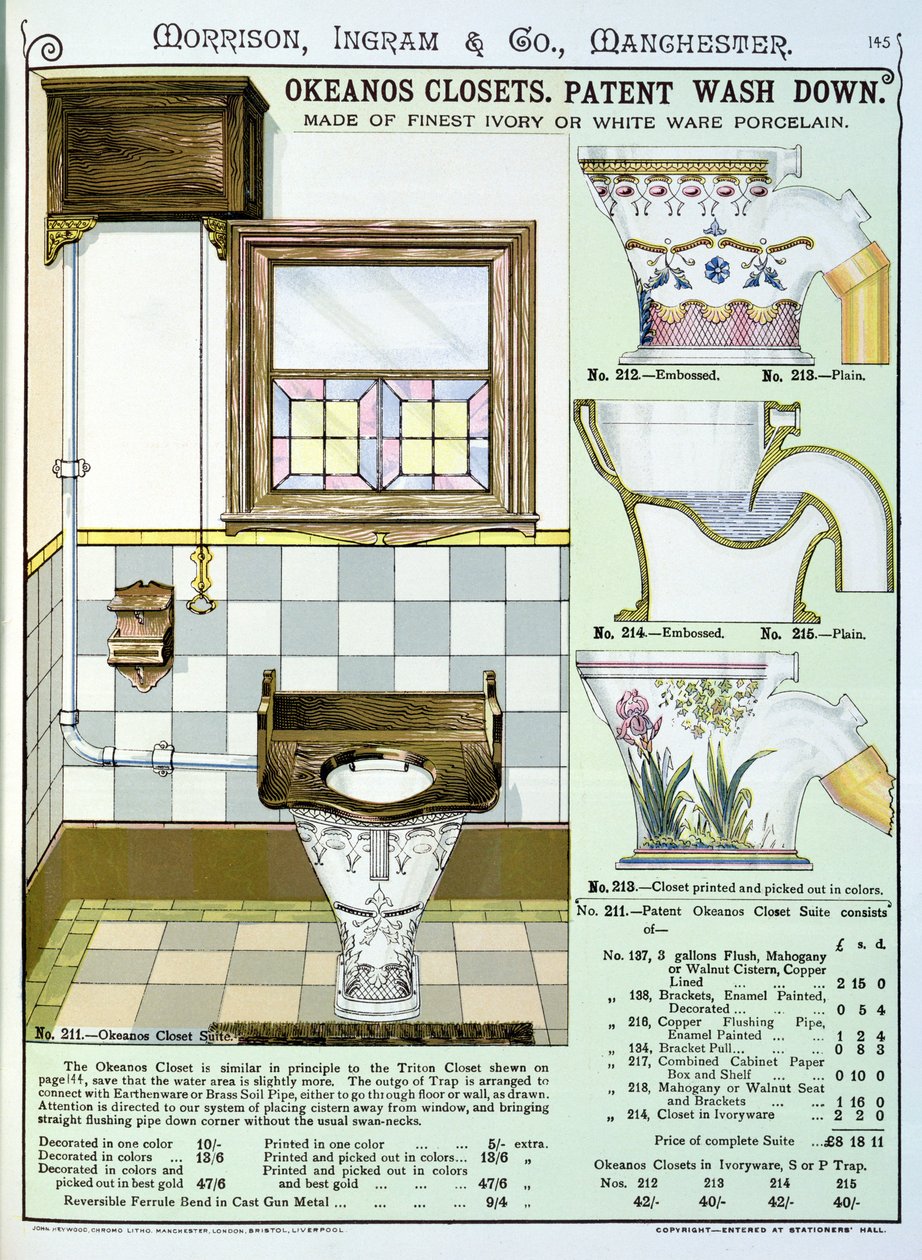 Okeanos Closets z katalogu wyrobów sanitarnych produkowanych przez Morrison, Ingram & Co., Manchester, opublikowanego ok. 1890 r. autorstwa English School