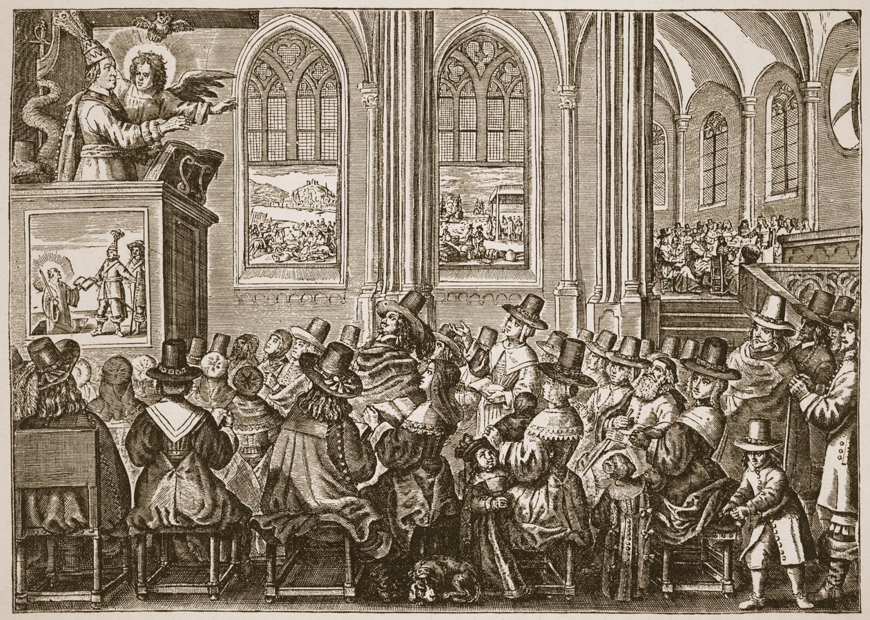 Oliver Cromwell przemawia do zboru purytańskiego, ilustracja z The Church of England: A History for the People autorstwa H.D.M. Spence-Jones, wyd. ok. 1910 (zdjęcie w sepii) autorstwa English School