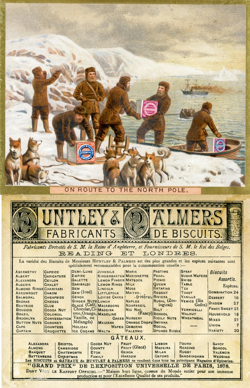 W drodze na biegun północny, przód i tył karty promocyjnej na herbatniki Huntley & Palmers, wyprodukowane na rynek francuski, 1890 autorstwa English School