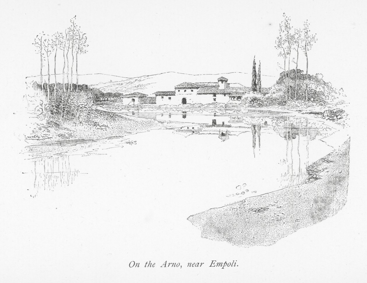Nad rzeką Arno, w pobliżu Empoli (litografia) autorstwa English School