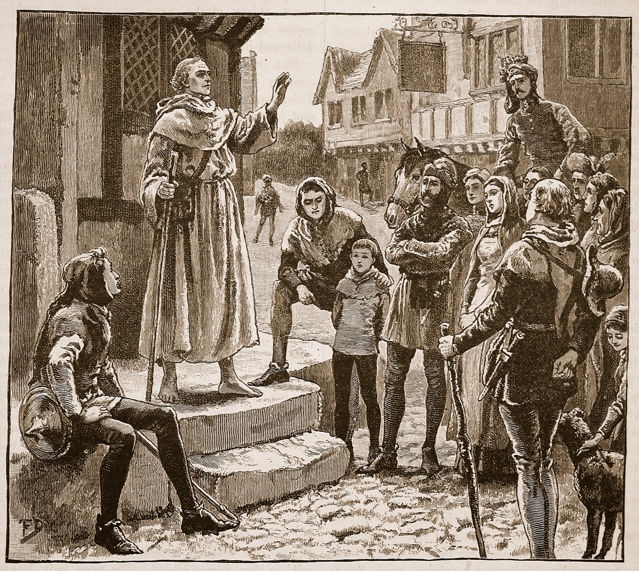 Jeden z biednych księży Williamsa wygłaszający kazania do ludzi, ilustracja z Cassells Illustrated History of England (zdjęcie w sepii) autorstwa English School