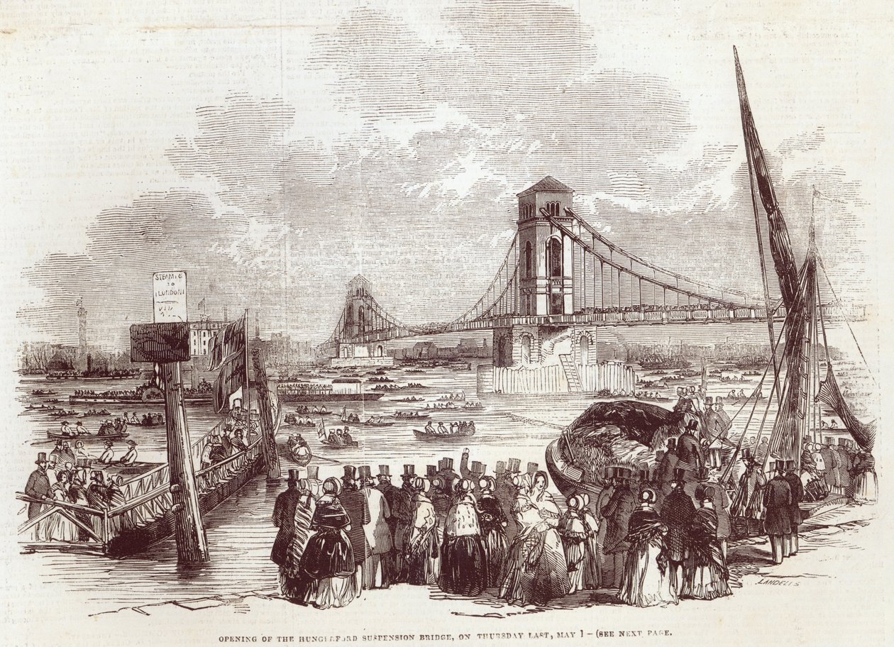 Otwarcie mostu wiszącego Hungerford z „The Illustrated London News”, 3 maja 1845 r. autorstwa English School