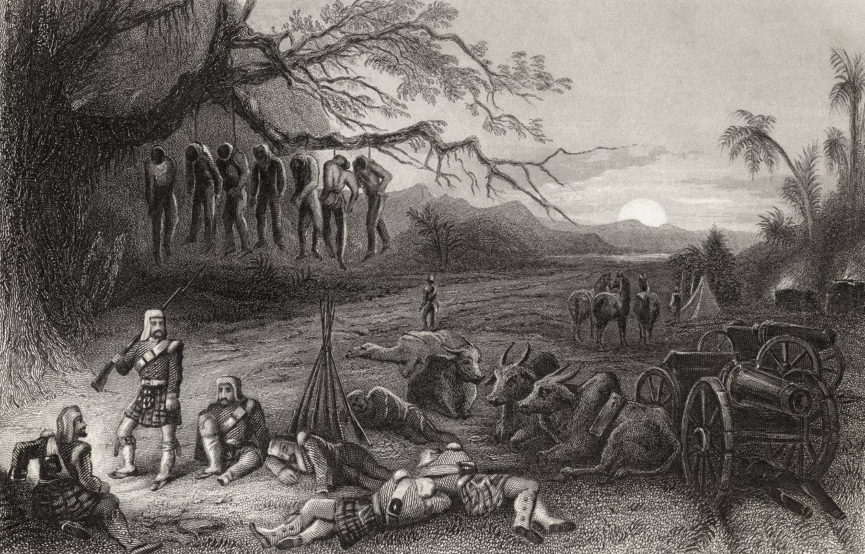 Zewnętrzna pikieta Brygady Górskiej w Benares, z "Historii buntu indyjskiego" opublikowanej w 1858 r. autorstwa English School