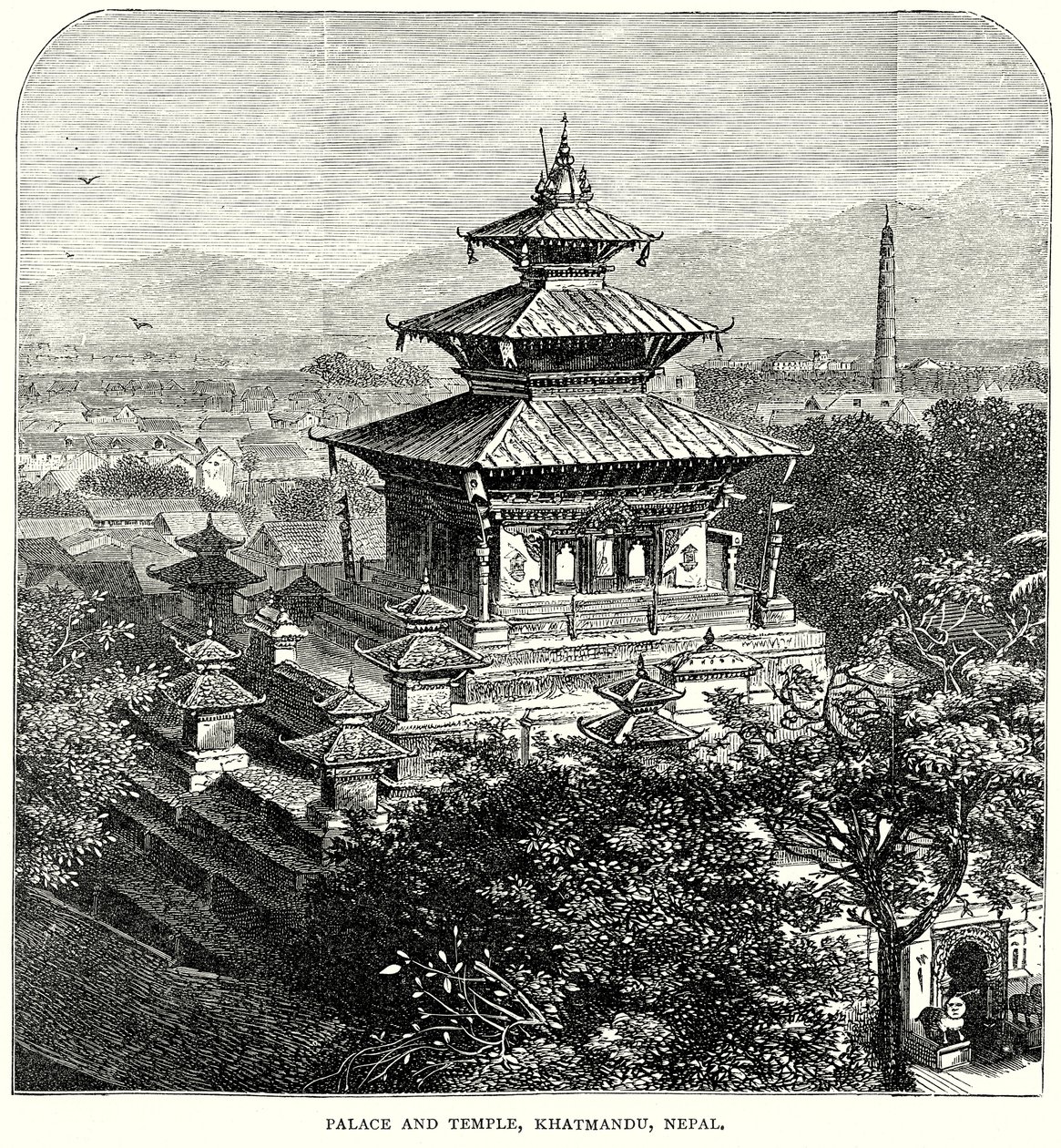 Pałac i świątynia, Khatmandu, Nepal (grawerunek) autorstwa English School