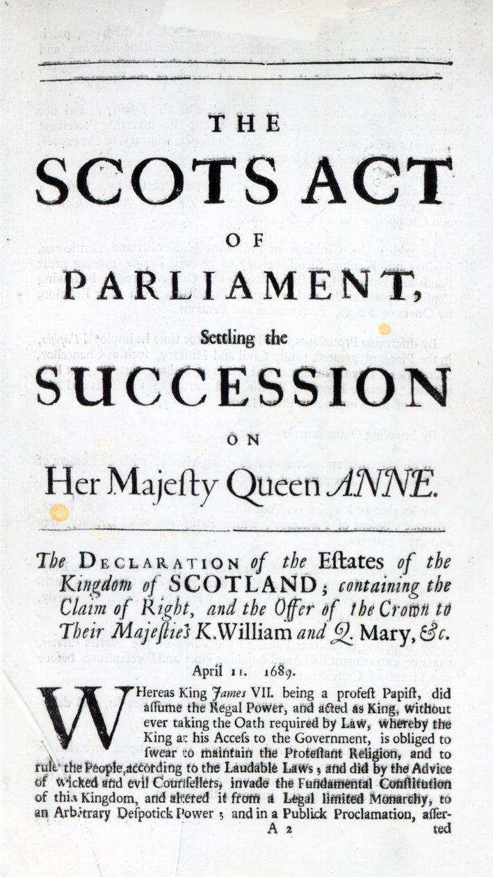Broszura ogłaszająca „Ustawę szkocką parlamentu ustalającą sukcesję Jej Królewskiej Mości Anny” 11 kwietnia 1689 autorstwa English School