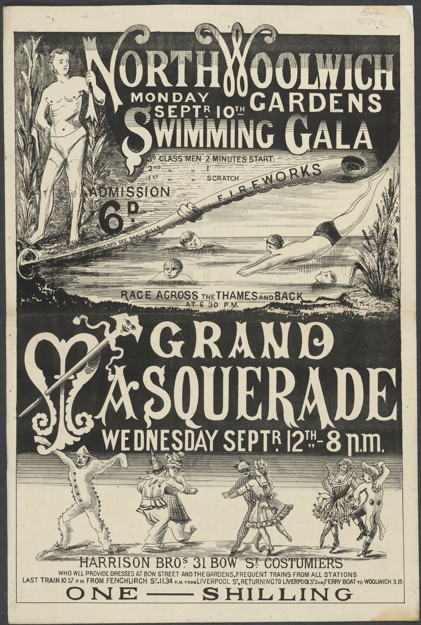 Broszura „Gala pływania i wielka maskarada w North Woolwich Gardens” autorstwa English School