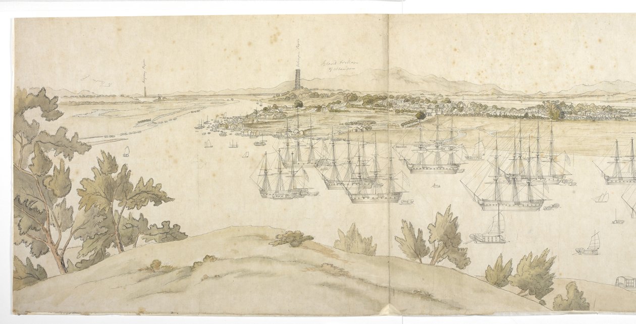 Panorama (lewa połowa) Whampoa z wyspy Dane, z brytyjską i amerykańską żeglugą na kotwicowisku autorstwa English School