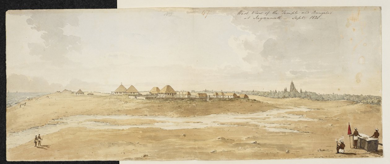 Panorama Wielkiej Świątyni Dżagannatha, Puri (Orissa), wykonana od zachodu, ukazująca europejskie bungalowy na pierwszym planie nad brzegiem morza, wrzesień 1820 (akwarela na papierze) autorstwa English School
