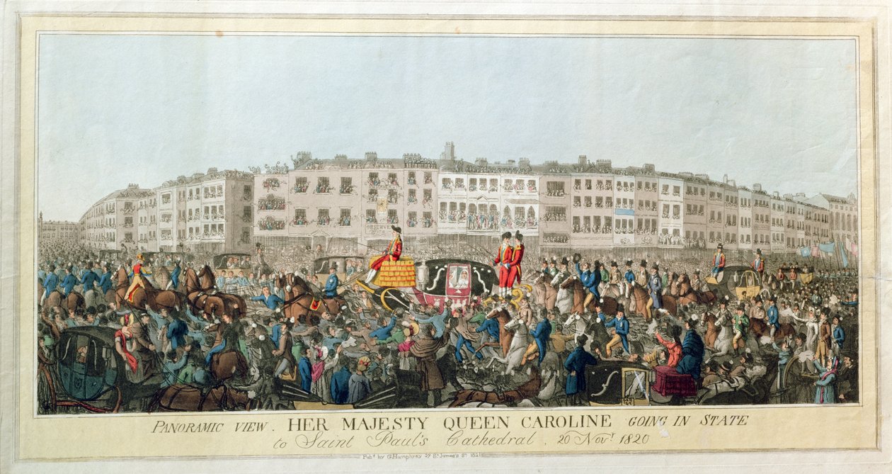 Widok panoramiczny. Jej Królewska Mość Królowa Karolina Idzie w stanie do katedry św. Pawła, 20 listopada 1820, wyd. 1821 (akwatinta na papierze) autorstwa English School