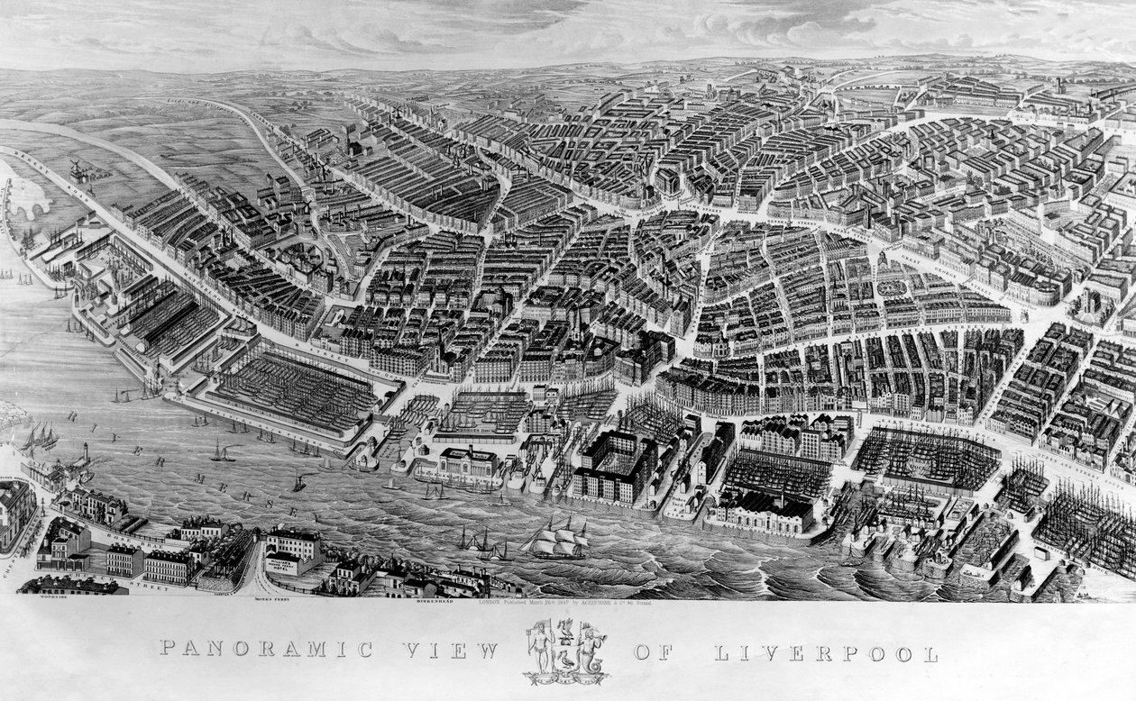 Panoramiczny widok Liverpoolu, według akwareli Ackermana, 1847 autorstwa English School