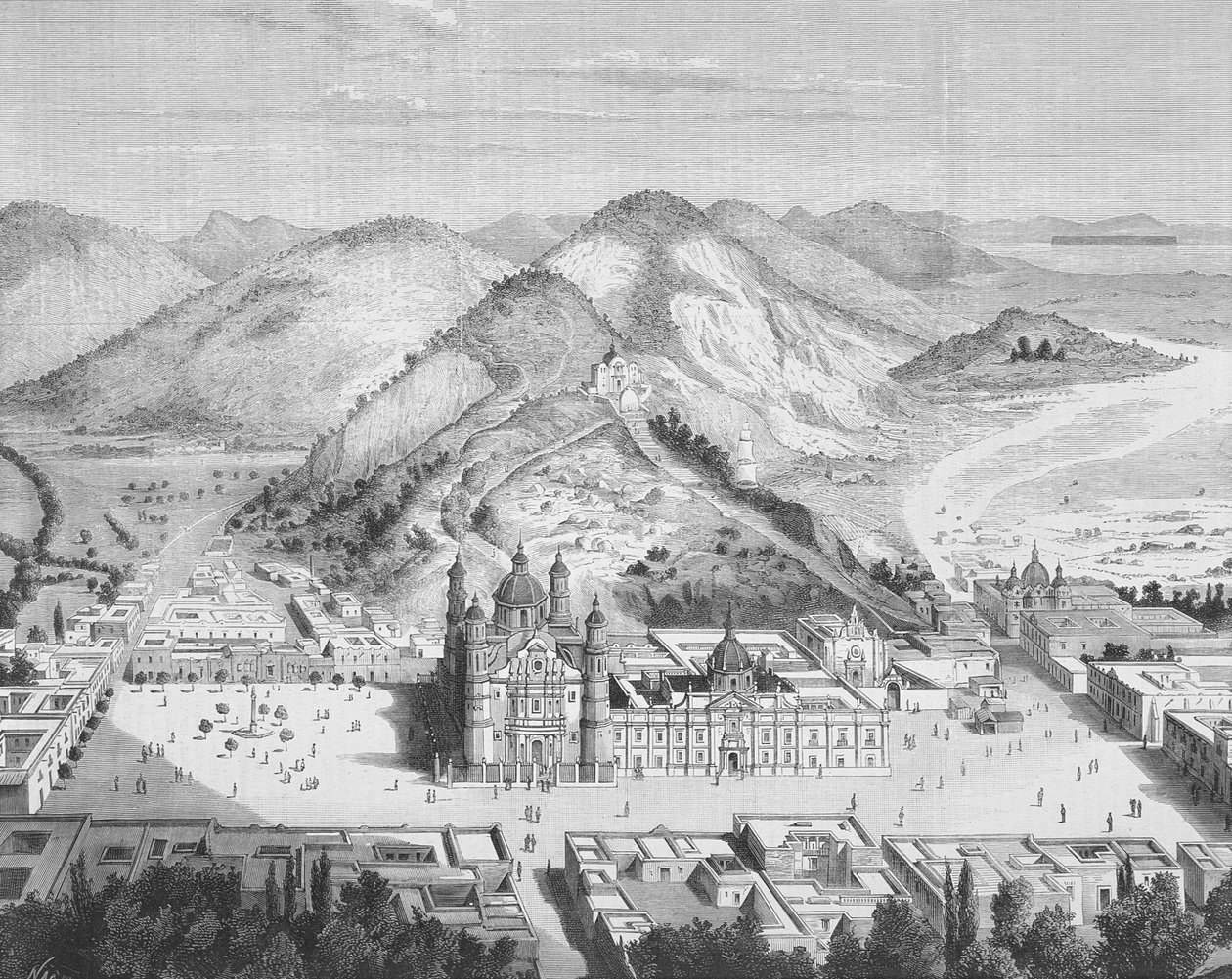 Panoramiczny widok na Bazylikę Guadalupe, Meksyk, lata 80. XIX wieku (rycina) autorstwa English School