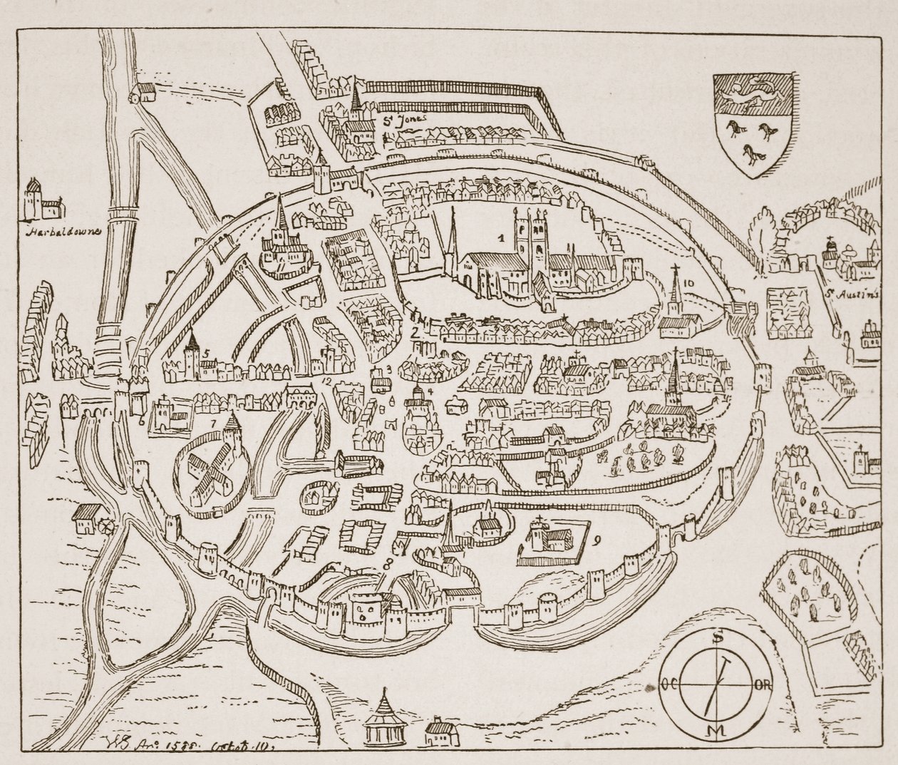 Panoramiczny widok Canterbury w XVI wieku, ilustracja z The Church of England: A History for the People autorstwa H.D.M. Spence-Jones, wyd. ok. 1910 (zdjęcie w sepii) autorstwa English School