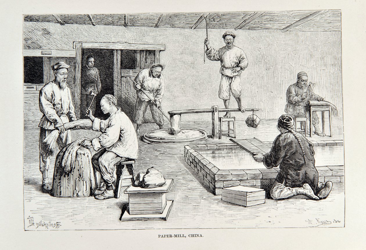 Papiernia, Chiny, ilustracja z The Universal Geography, the Earth and its people autorstwa Elisee Reclus, opublikowana w 1878 r. autorstwa English School