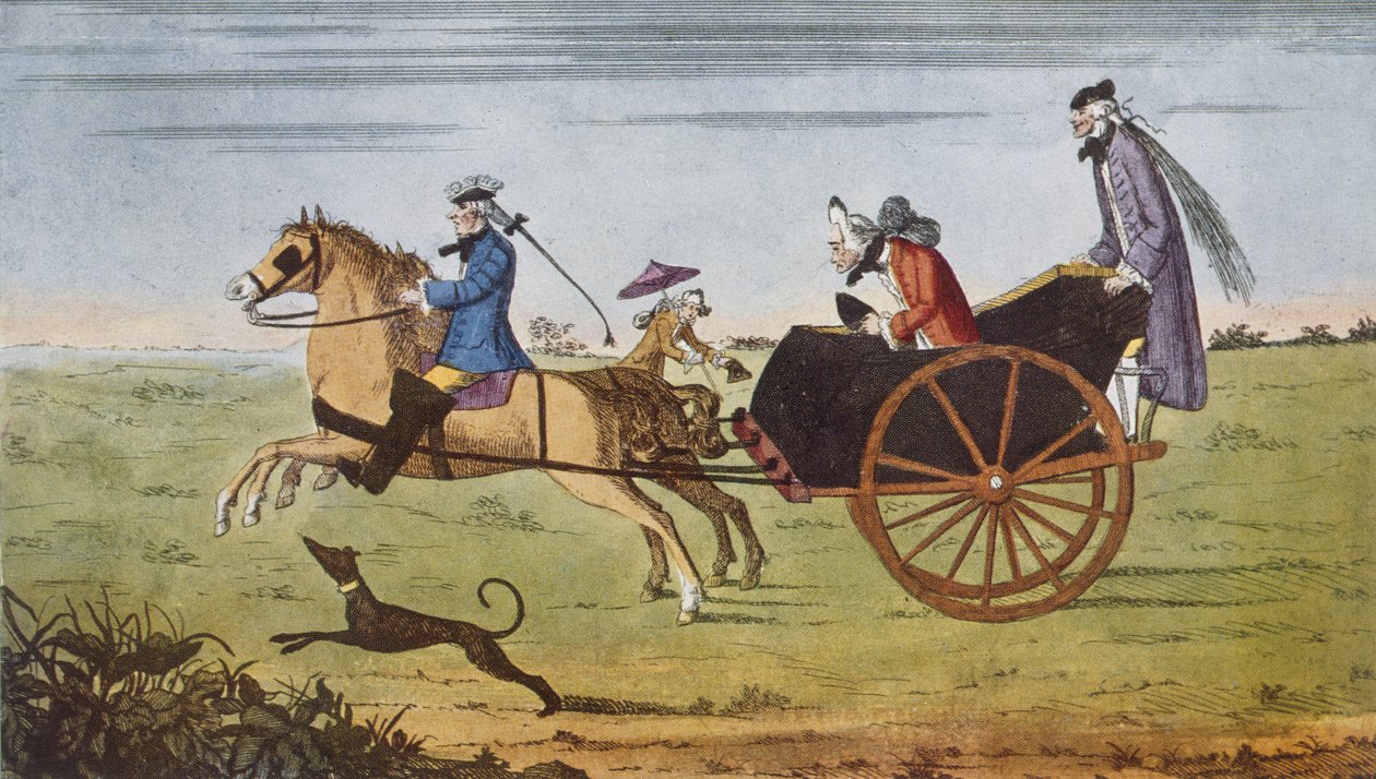 Pasażer w powozie konnym, „Autostrada i jej pojazdy...”, Hilaire Belloc autorstwa English School