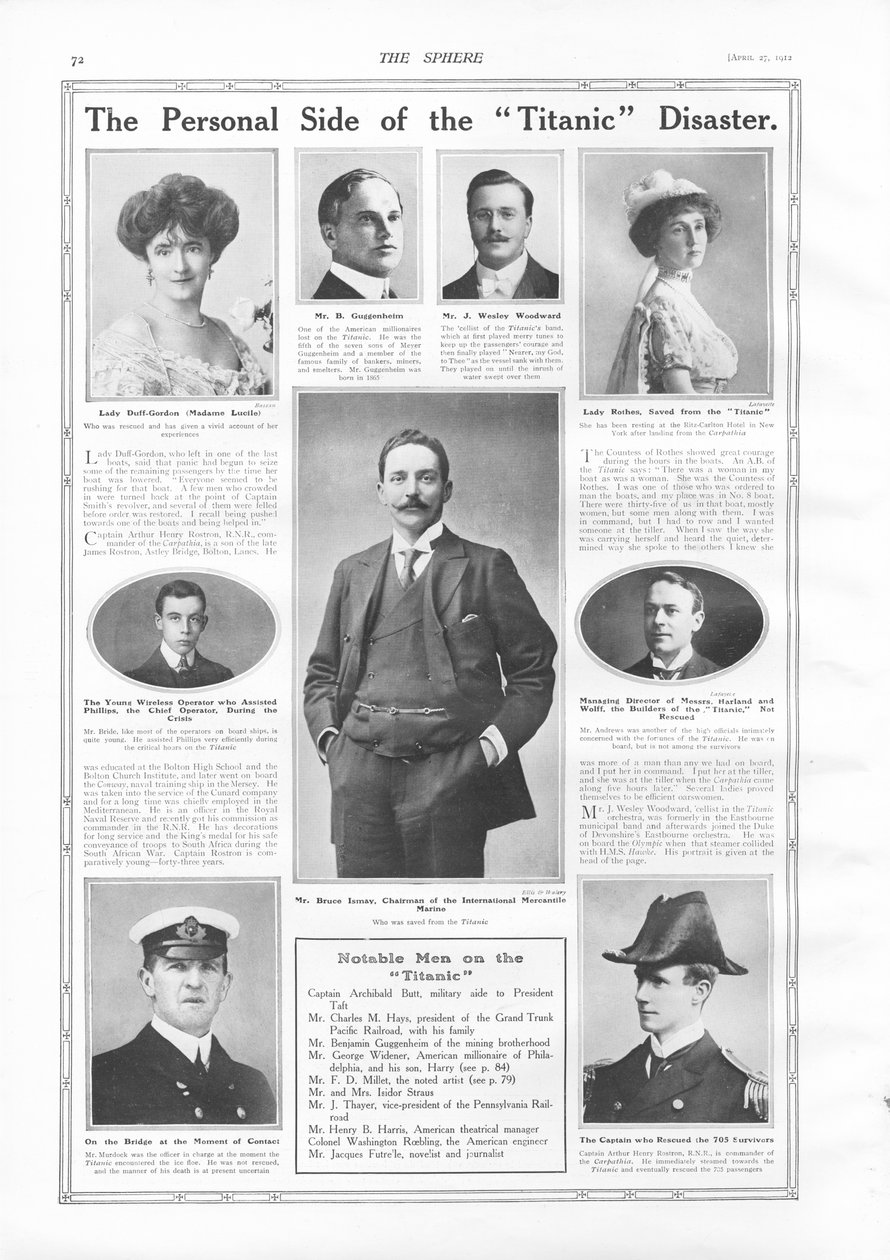 Pasażerowie na RMS Titanic, zdjęcia i informacje o znanych osobach związanych z Titanicem, z The Sphere, 27 kwietnia 1912 autorstwa English School