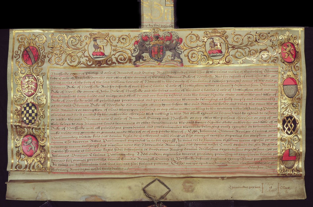 Patent na przywrócenie Księstwa Norfolk przez Karola II, 1660 (atrament i złoto płatkowe na welinie) autorstwa English School
