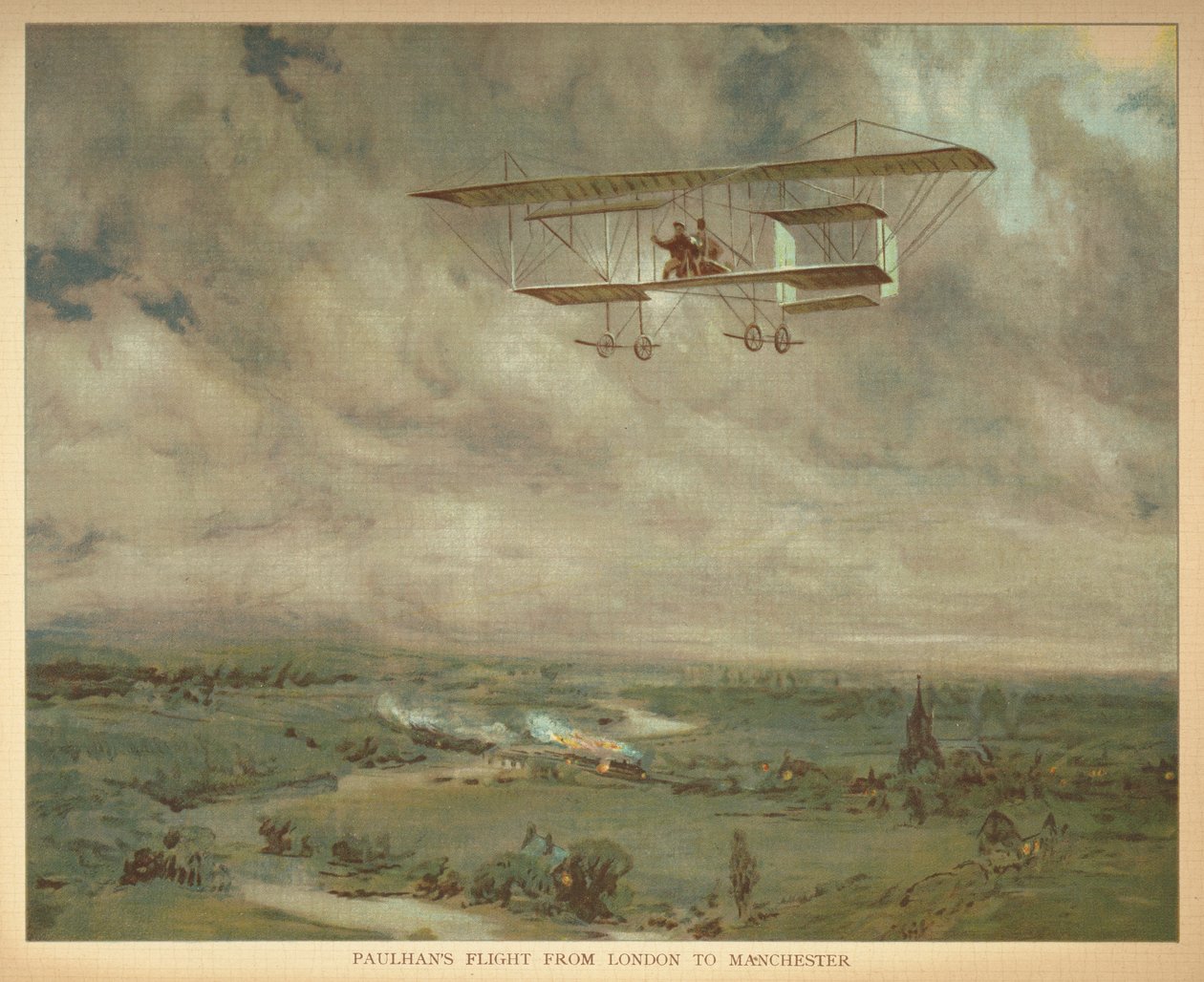 „Lot Paulhansa z Londynu do Manchesteru”. Książka sterowców dla małych ludzi. Londyn: Ernest Nister, [1912] autorstwa English School