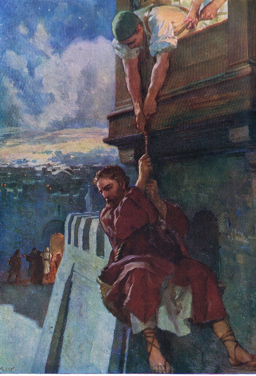 Ucieczka Pawła z Damaszku, z The Bible Picture Book opublikowanej przez Thomasa Nelsona, ok. 1950 r. (litografia kolorowa) autorstwa English School