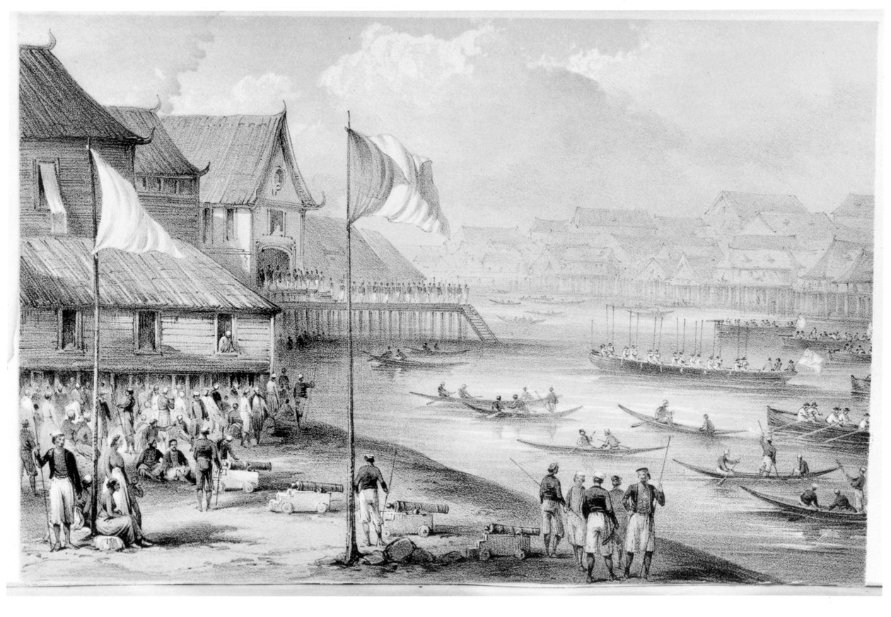 Pax Britannica przybywa do wioski Borneo, frontispis do tomu 2 Narracja o wydarzeniach na Borneo i Celebes, aż do okupacji Labuan, Rodney Mundy, 1848 autorstwa English School