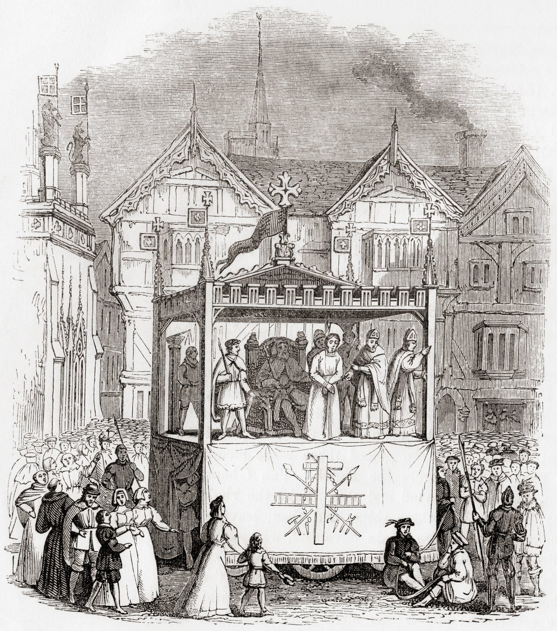 Przedstawienie XV-wiecznej sztuki pasyjnej - Proces i ukrzyżowanie Chrystusa - w wykonaniu Kompanii Smitha z Coventry, ze strony Old England: A Pictorial Museum, pub. 1847 autorstwa English School
