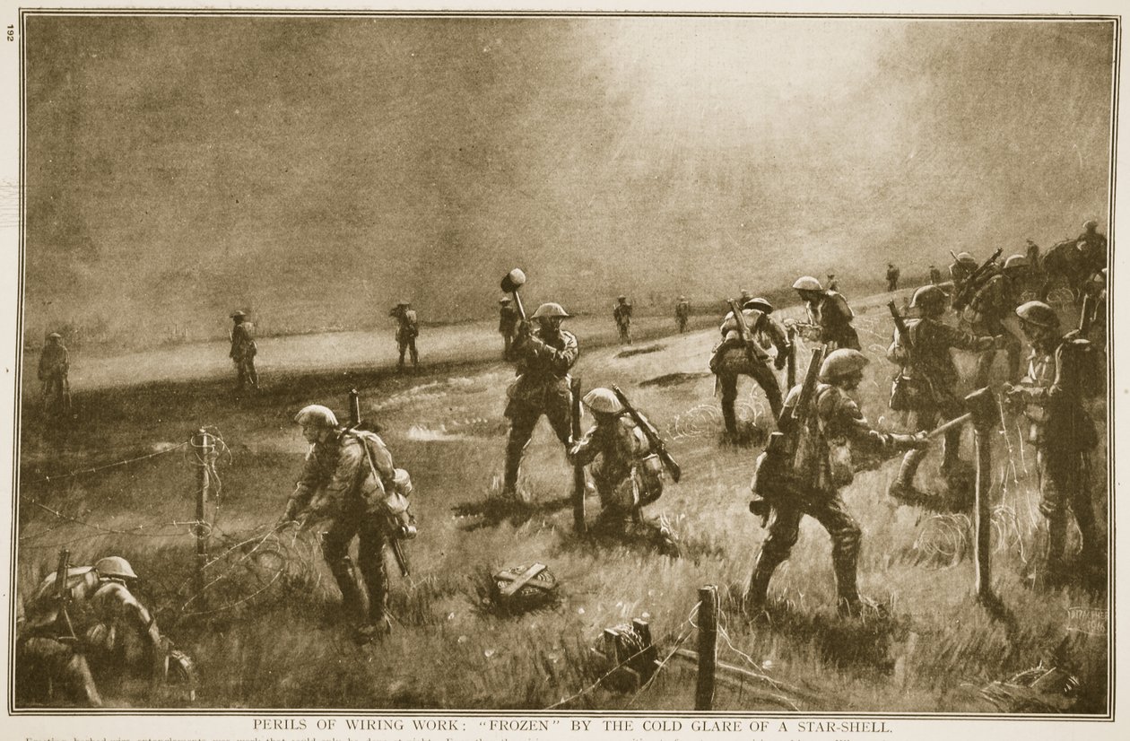 Niebezpieczeństwa związane z okablowaniem: zmarznięte zimnym blaskiem gwiezdnej muszli, 1914-19 autorstwa English School