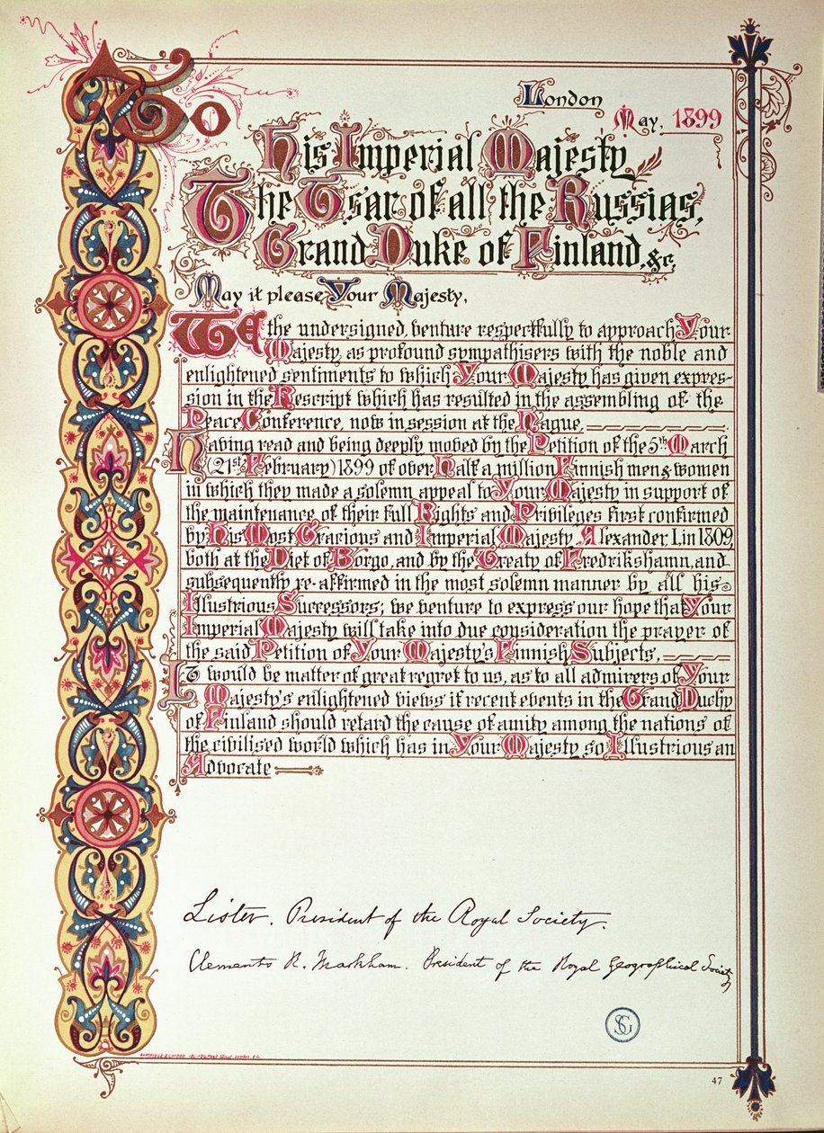 Petycja do cara Rosji Mikołaja II protestującego przeciwko rusyfikacji Finlandii, 1899 (papier podświetlany) autorstwa English School