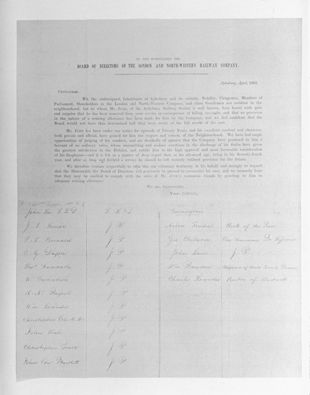Petycja do dyrektorów London and North-Western Railway Company w imieniu pracownika zwolnionego z powodu utraty wzroku, 1861 autorstwa English School