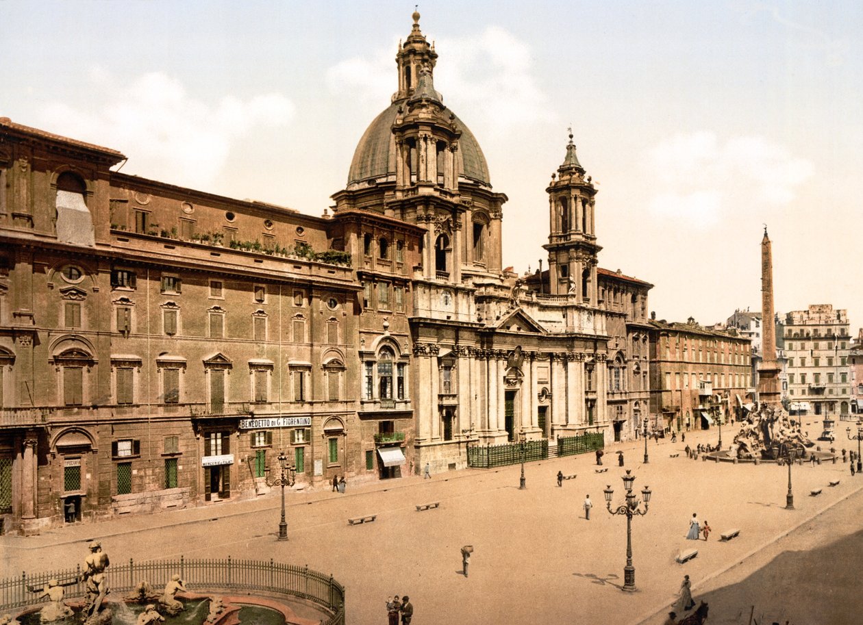 Piazza Navona, Rzym (zdjęcie ręcznie kolorowane) autorstwa English School