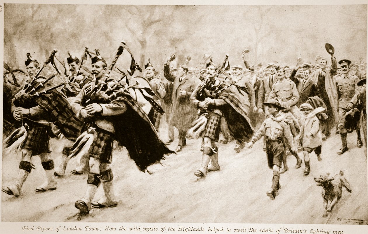Pied Pipers of London Town: Jak dzika muzyka Highlands pomogła zasilić szeregi brytyjskich wojowników, 1914-19 autorstwa English School