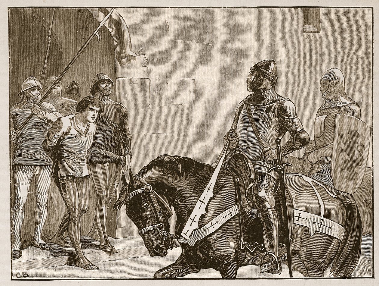 Piers Gaveston przed hrabią Warwick, ilustracja z Cassells Illustrated History of England (zdjęcie w sepii) autorstwa English School