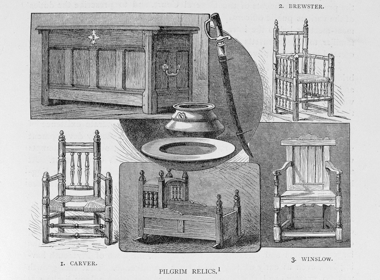 Relikwie pielgrzymów, ilustracja z tomu III „Narrative and Critical History of America”, 1886 autorstwa English School