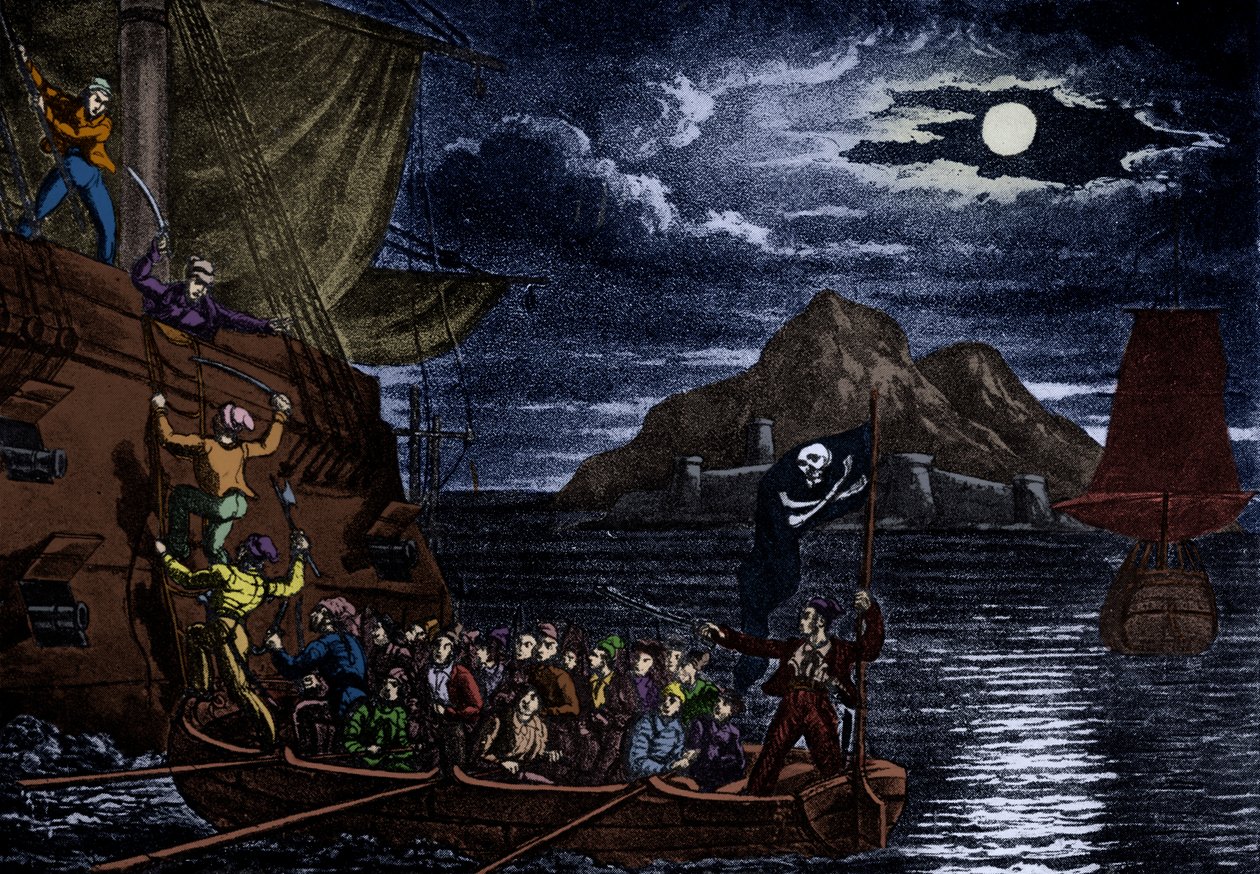 Piraci wchodzący na pokład hiszpańskiego statku, Indie Zachodnie, ilustracja z książki "The History and Lives of the Most Notorious Pirates" (Historia i życie najsłynniejszych piratów) autorstwa English School