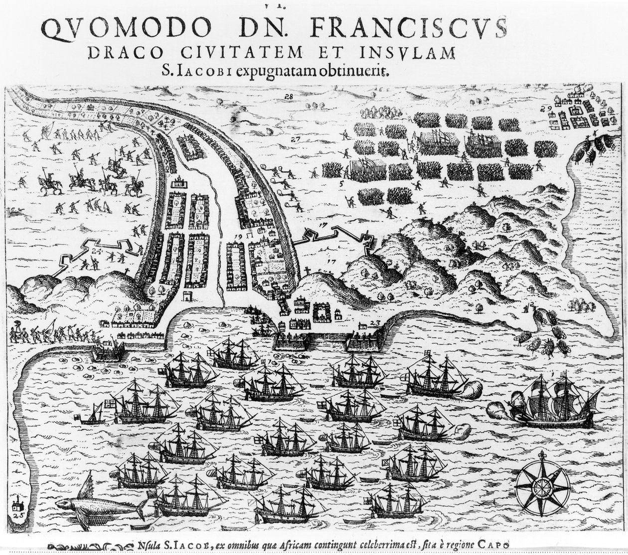 Plan pokazujący, jak Francis Drake (ok. 1540-1596) szturmował i trzymał wyspę San Jacob autorstwa English School