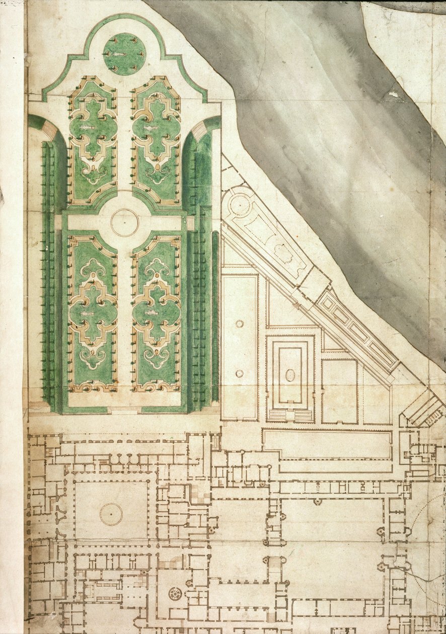 Plan Hampton Court i jego ogrodów, ok. 1714 (pióro i atrament oraz toaleta na papierze) autorstwa English School