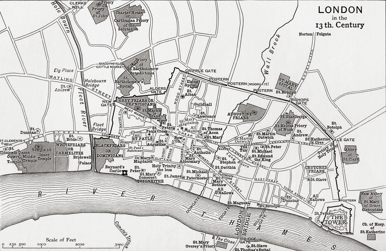 Plan Londynu w XIII wieku, z „Krótkiej historii ludu angielskiego” J.R. Greena, opublikowanej w 1893 r. autorstwa English School