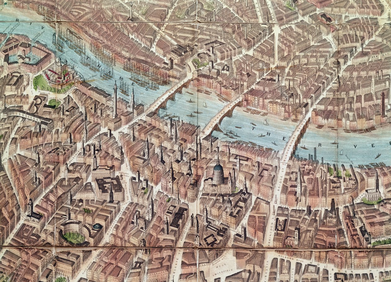 Plan Londynu z widokiem na Southwark (ręcznie barwiony grawerunek) autorstwa English School