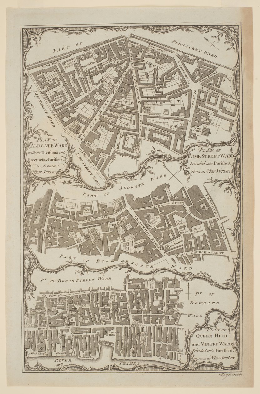 „Plan okręgów Queen Hith i Vintry podzielony na parafie z nowego przeglądu”. Mapa City of London autorstwa Royce