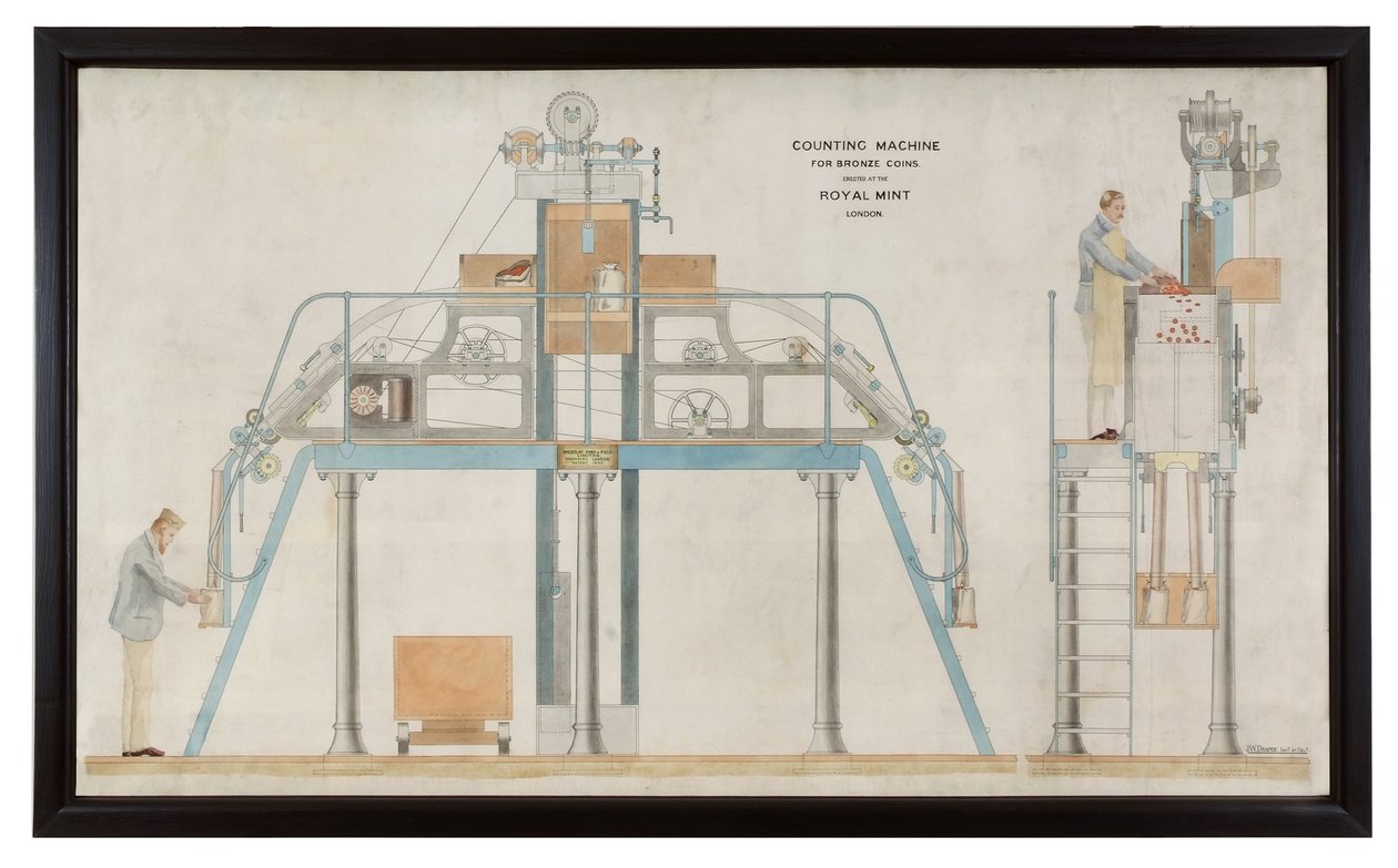 Plan automatycznej maszyny liczącej, ok. 1895 r. (ręcznie barwiony grawerunek) autorstwa English School
