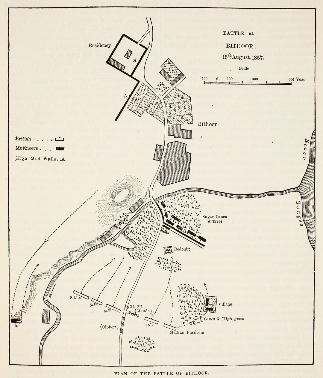 Plan bitwy pod Bithoor, 16 sierpnia 1857, z Cassells Illustrated History of England autorstwa English School