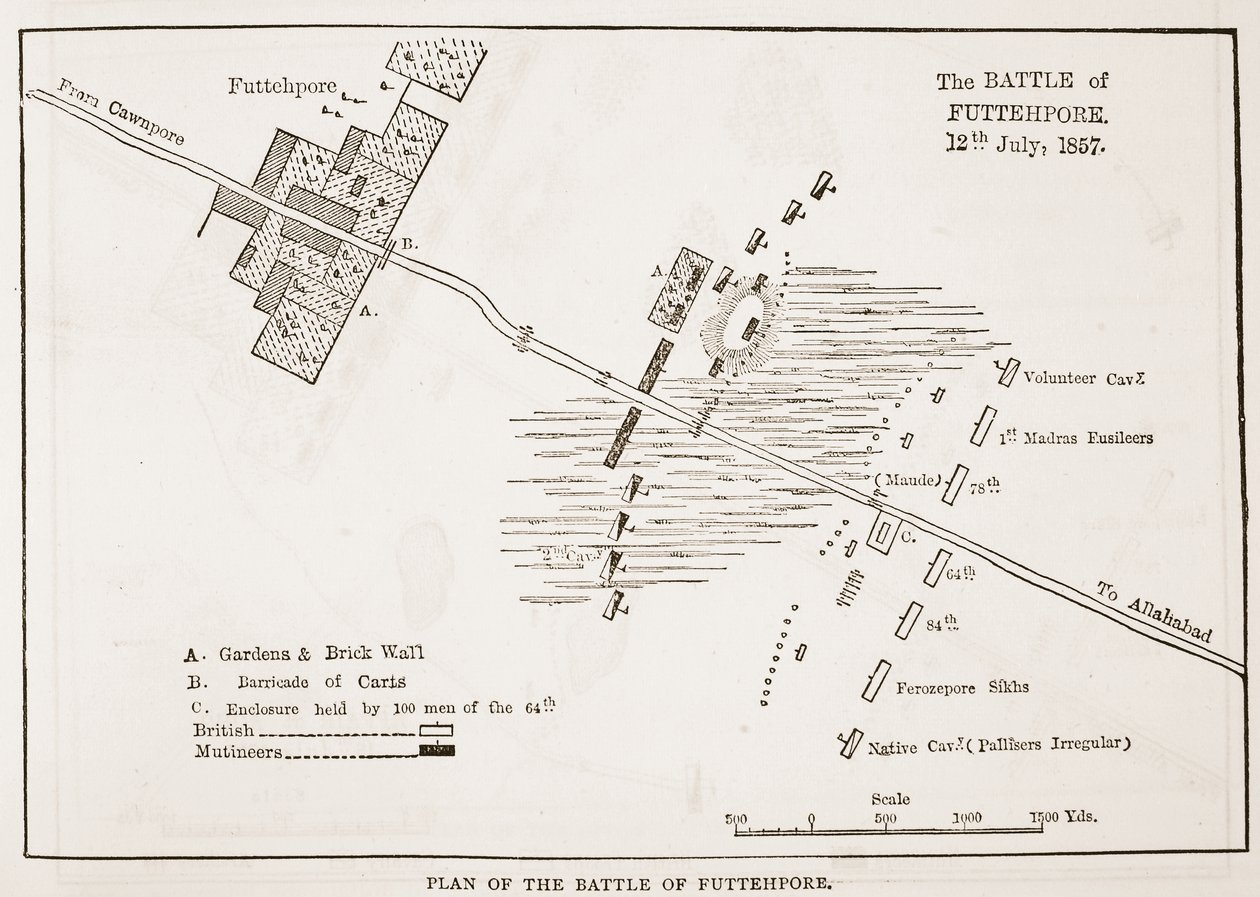 Plan bitwy pod Futtehpore, 12 lipca 1857, z Cassells Illustrated History of England autorstwa English School