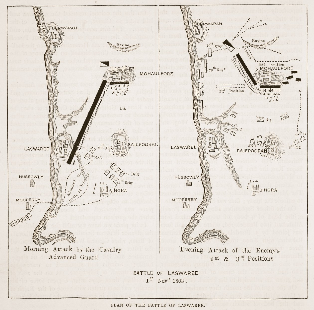 Plan bitwy pod Laswaree, ilustracja z Cassells Illustrated History of India autorstwa Jamesa Granta, wyd. 1879 autorstwa English School