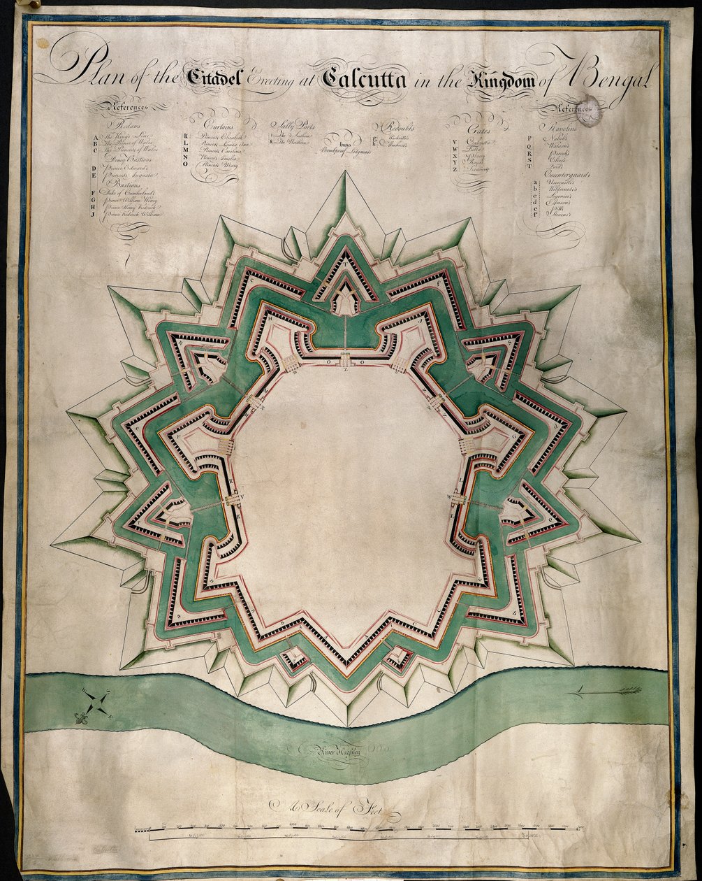 Plan Cytadeli Kalkuty i Fortu William, Magazyn Warowny Kompanii Wschodnioindyjskiej, ok. 1750 (pióro i atrament i akwarela na papierze) autorstwa English School