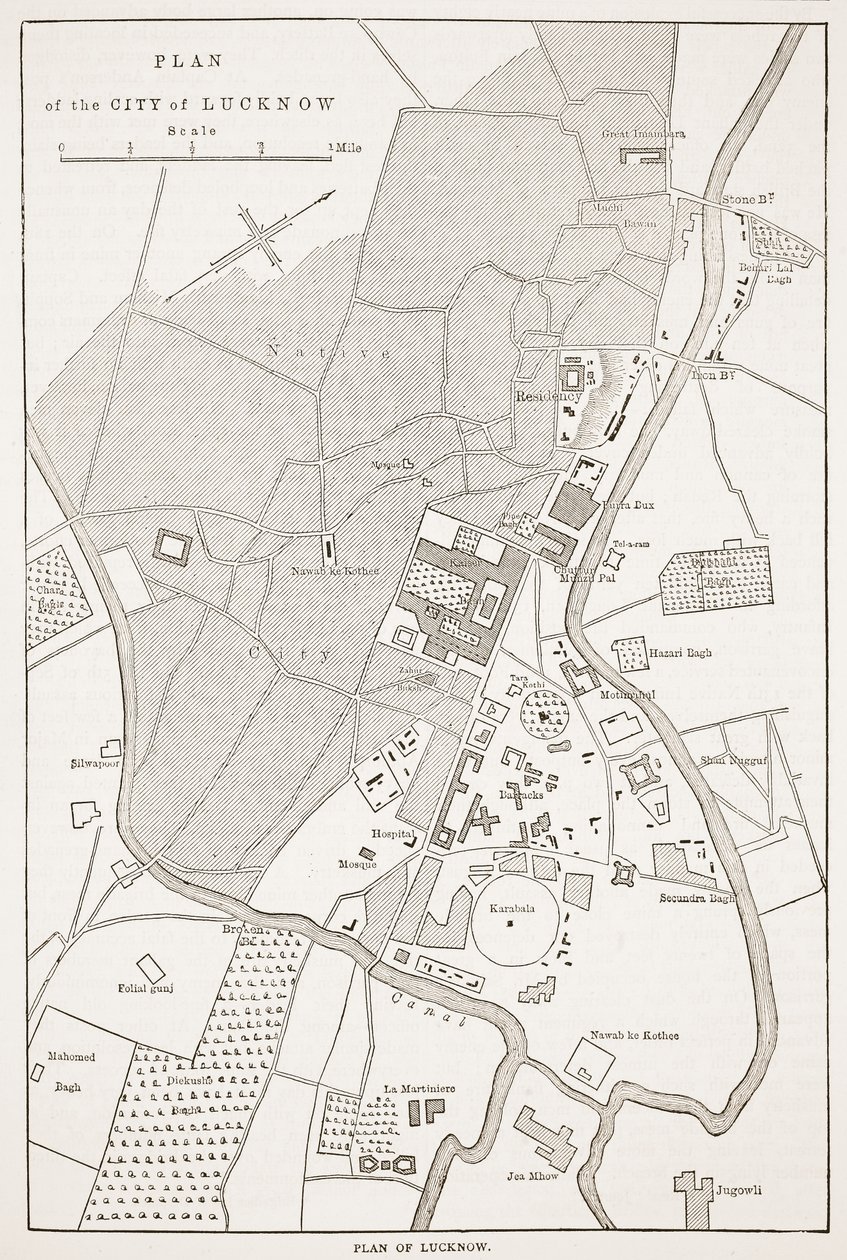 Plan miasta Lucknow, z Cassells Illustrated History of England autorstwa English School