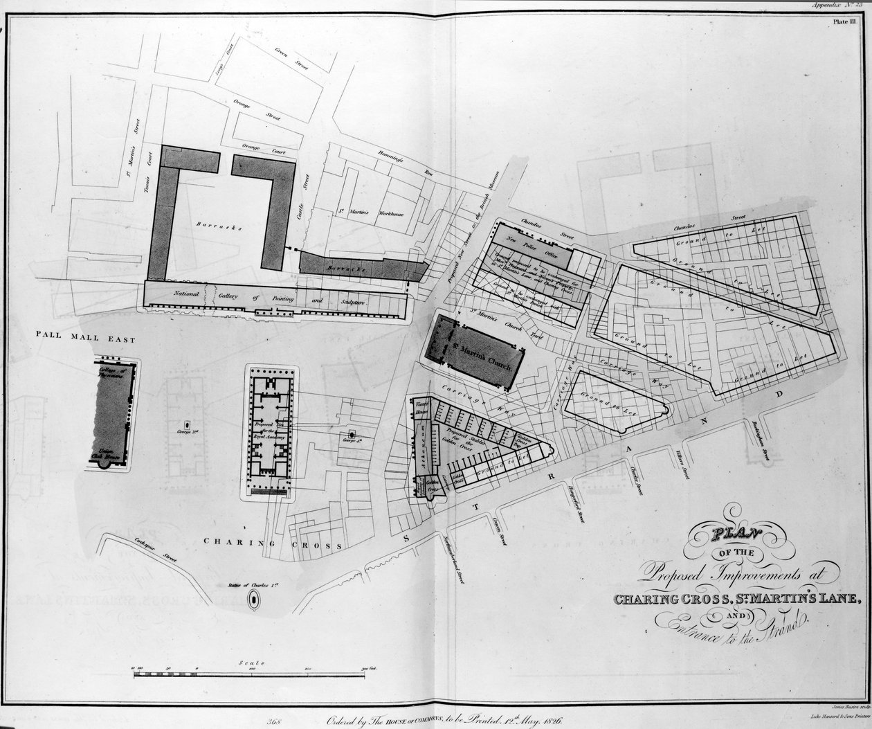 Plan proponowanych ulepszeń w Charing Cross, St. Martins Lane i Entrance to the Strand, wygrawerowany przez Jamesa Basire
