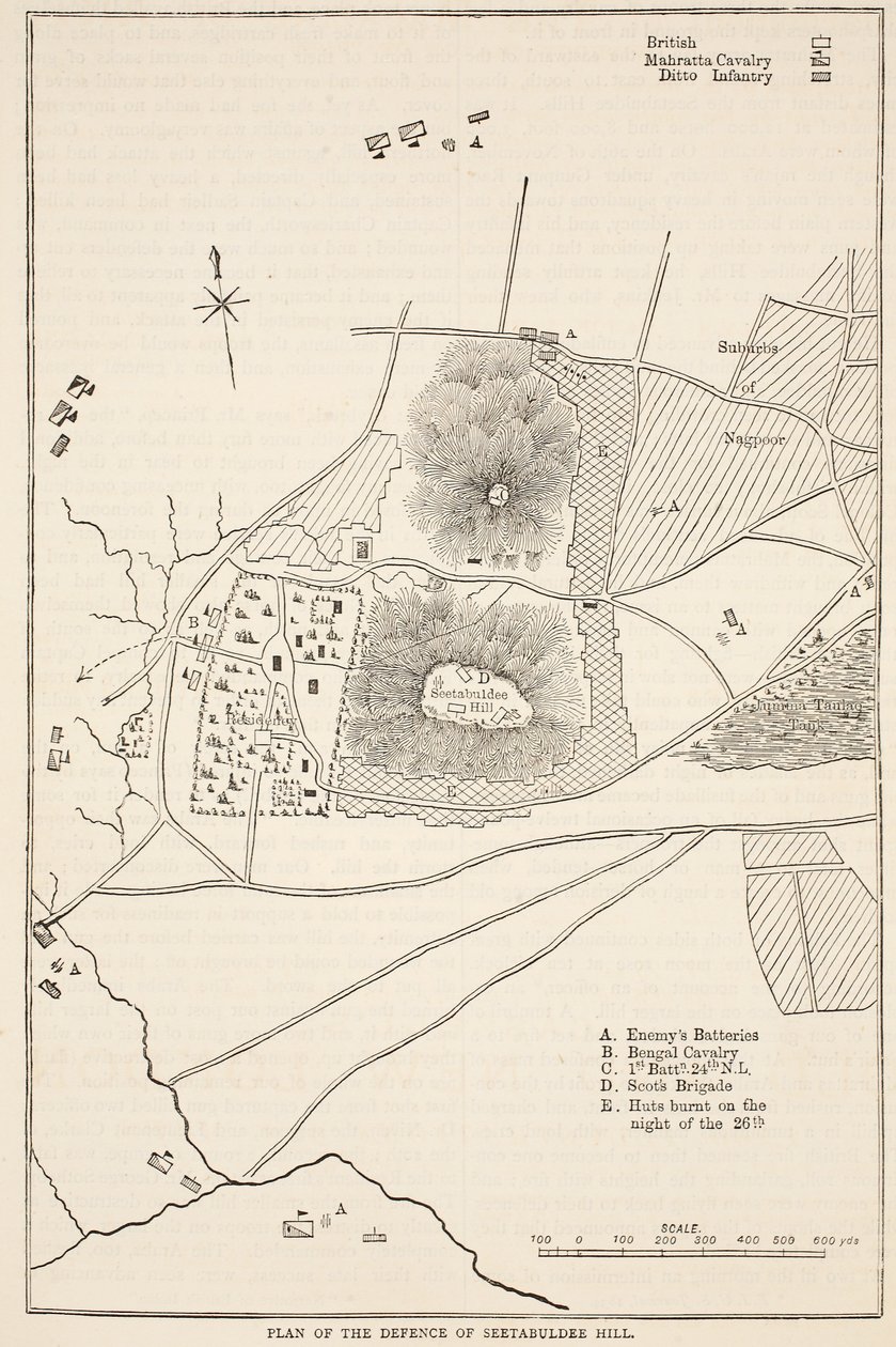 Plan obrony wzgórza Sitabuldi, ilustracja z Ilustrowanej Historii Indii Cassella autorstwa Jamesa Granta, wyd. 1879 autorstwa English School