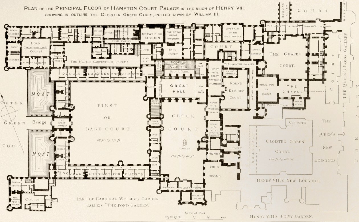 Plan głównego piętra pałacu Hampton Court, tak jak za panowania króla Henryka VIII, z Historii pałacu Hampton Court w Tudor Times autorstwa Ernesta Law, opublikowanej w Londynie 1885 autorstwa English School