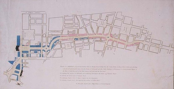 Plan przedstawiony Izbie Gmin ulicy zaproponowany z Charing Cross do Portland Place, prowadzący do Crown Estate w Marylebone Park autorstwa English School