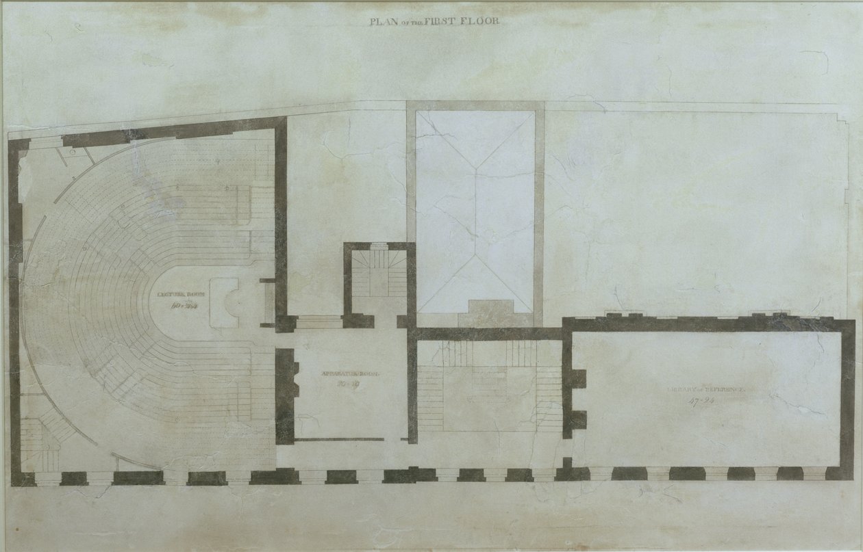 Plany pierwszego piętra przy ul. Albemarle 21 po wstępnych przeróbkach domu po jego przejęciu przez Instytucję Królewską, ok. 1800 r. (ołówek i wc na papierze) autorstwa English School