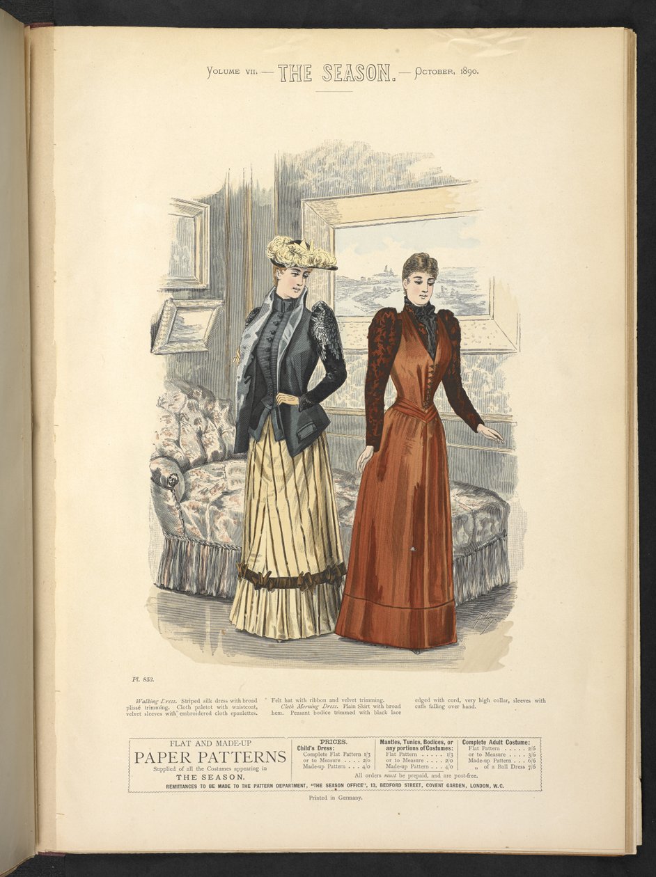Płyta 853, Strój spacerowy i żakiet z płótna,  The Season : magazyn ilustrowany Lady,  1890 autorstwa English School