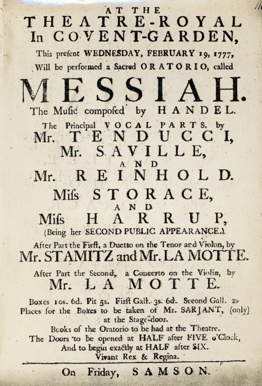 Playbill reklamujący wykonanie oratorium "Mesjasz" Haendla w 1777 r. (drukowany papier) autorstwa English School